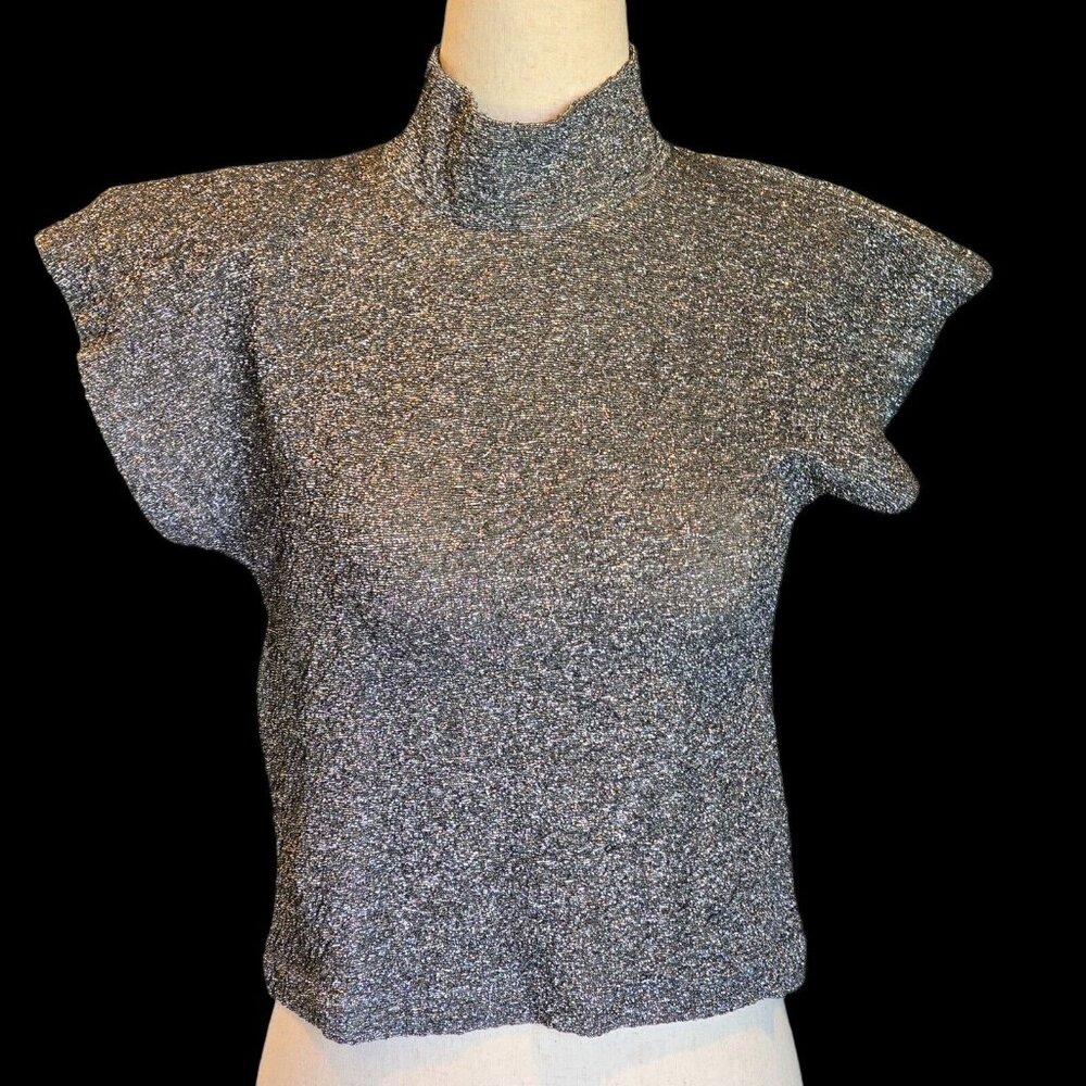 European Club Top Shirt Womens Medium Silver Stretchy Y2K Keyhole Cropped Shiny